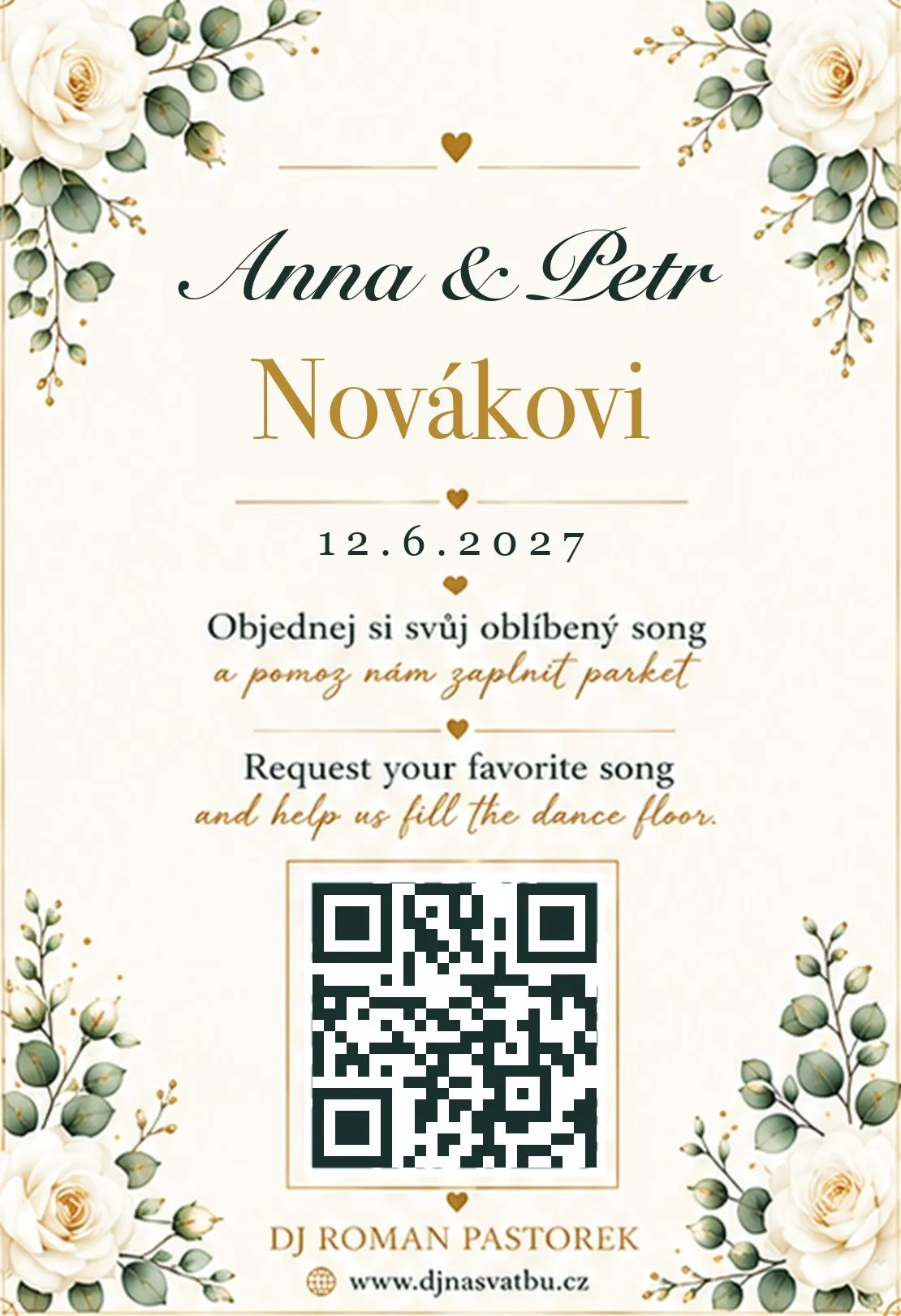 Zalaminovaná kartička s QR kódem pro objednání písniček na svatbě